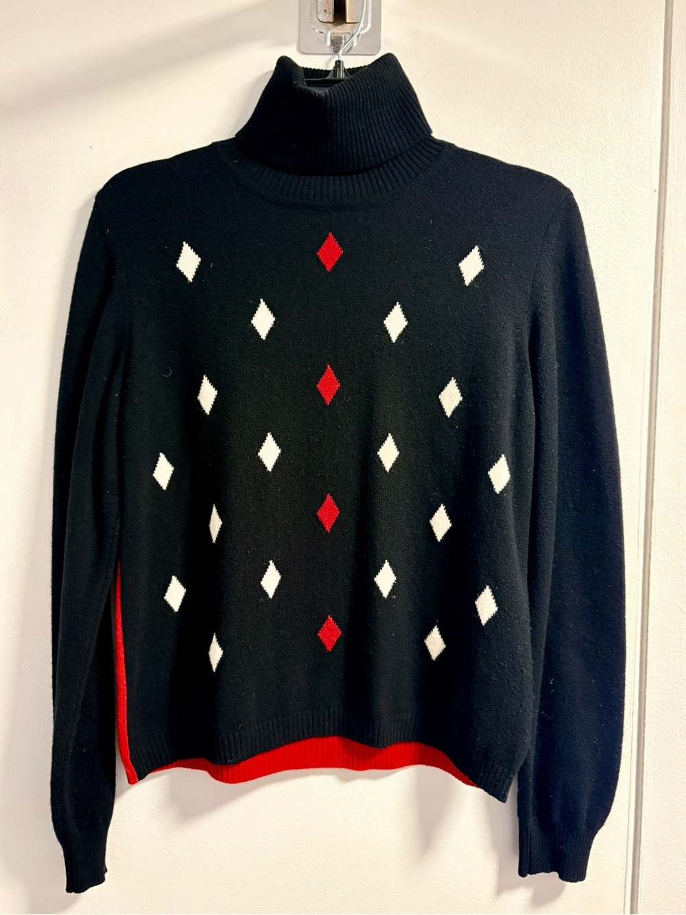 Italian Lana Wool Black Turtleneck Sweater with Red & White Diamond Pattern- 44M